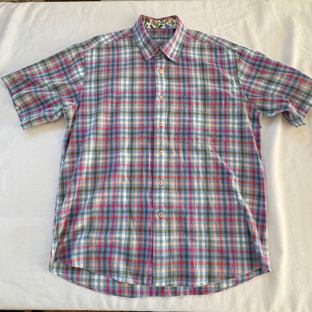 Alan Flusser Mens Large Short Sleeve Plaid‎ Button Down Shirt Cotton Blue Pink L